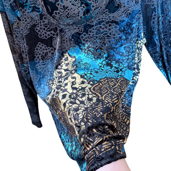 Chico’s Burnout Velvet Floral Top Size 1 M Teal Black Long Sleeve phoebe buffet - Picture 8 of 8